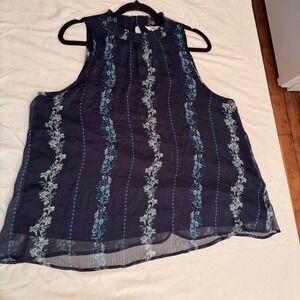 Sonoma Womens Sheer Sleeveless Blue Floral High Neck Tank Top Size XL Nautical